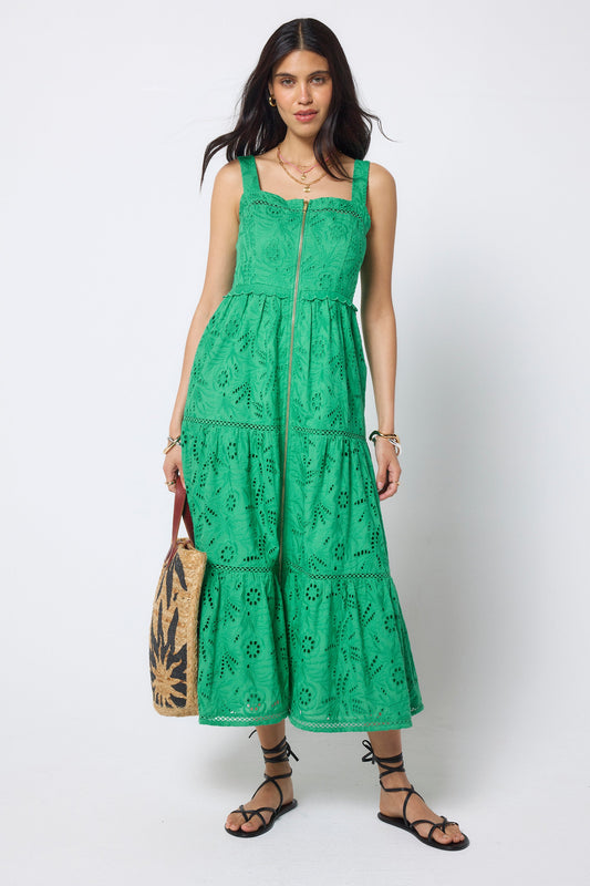 Green Broderie Zip Detail Midi Sundress