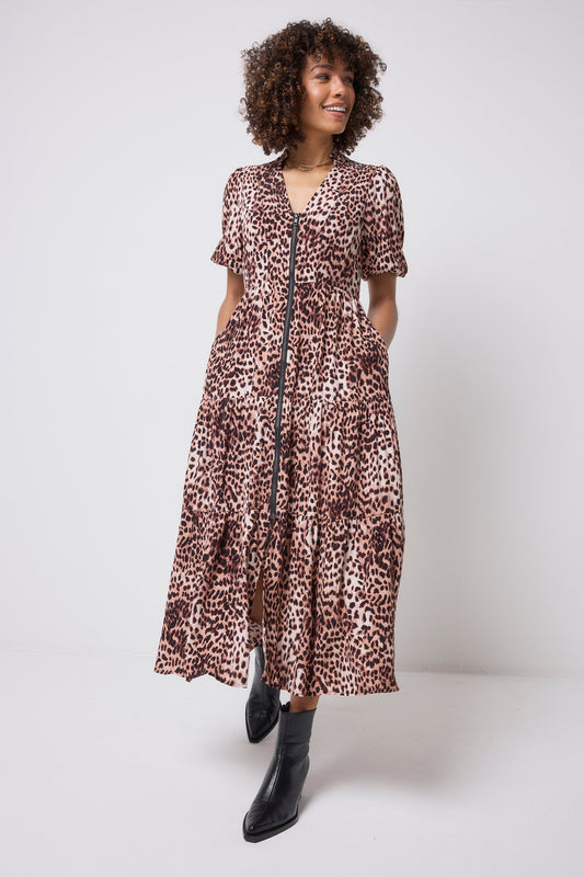 Neutral with Black Cheetah Zip Detail Tiered Midi Dress