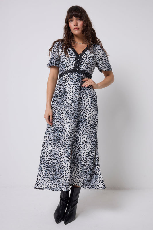 Grey Cheetah Lace Trim Puff Sleeve Midi Tea Dress