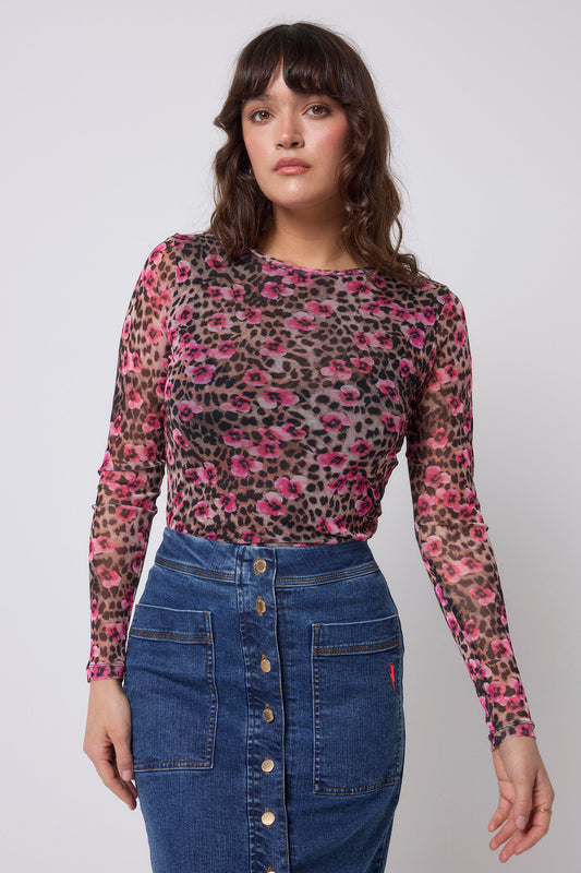 Neutral Paradise Cheetah Printed Mesh Top
