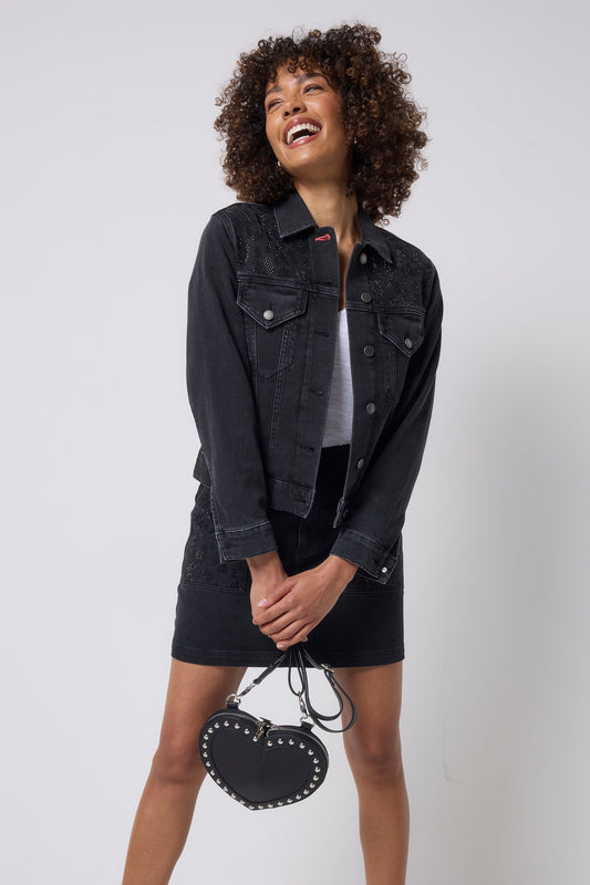Washed Black Embellished Leopard Denim Jacket