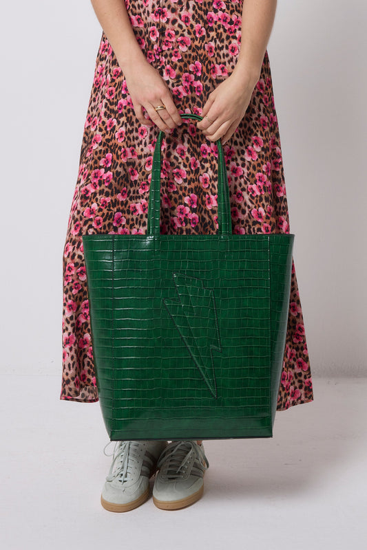 Green Lightning Bolt Embossed Croc Tote Bag
