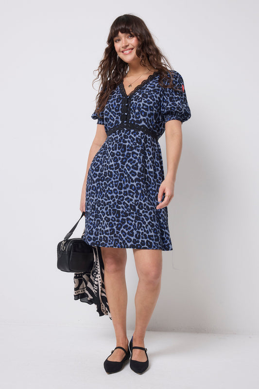 Navy Jaguar Lace Trim Short Tea Dress
