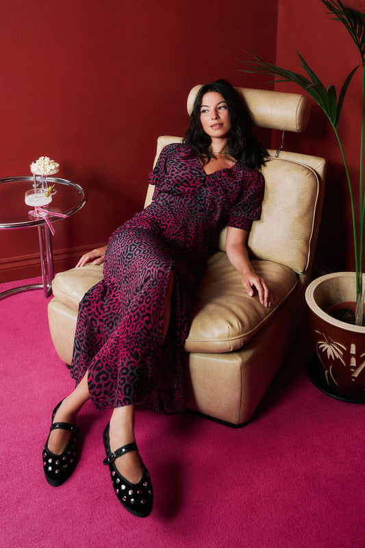 Grey with Pink Leopard Ray Blouson Sleeve Midi Tea Dress