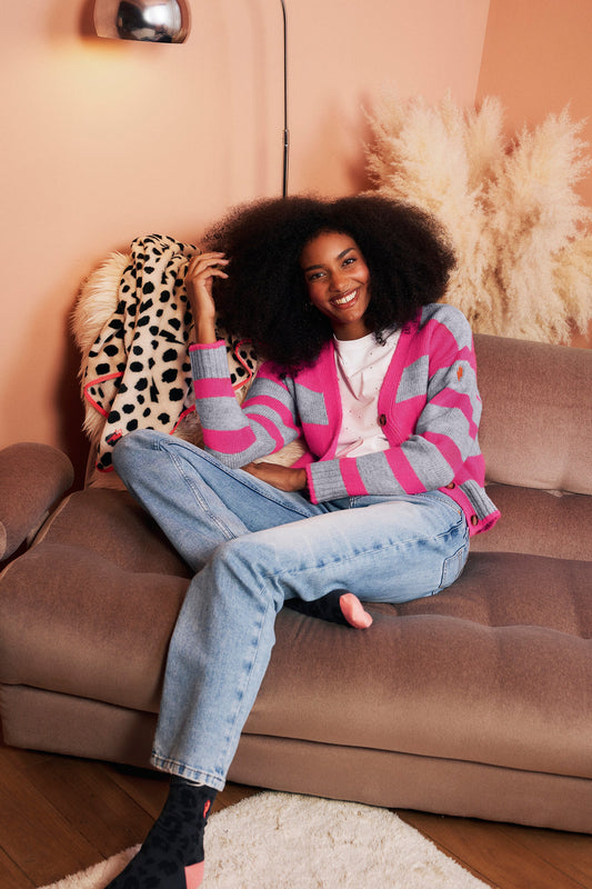 Grey with Neon Pink Bold Stripe Cardigan
