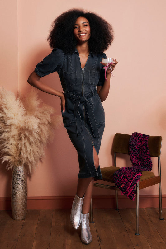 Washed Black Collared Zip Through Midi Denim Dress