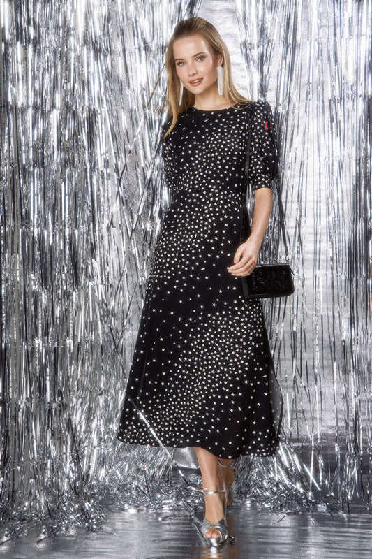 Black with White Star Cluster Midi Dress