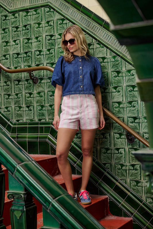 Pink and White Stripe Patch Pocket Denim Shorts