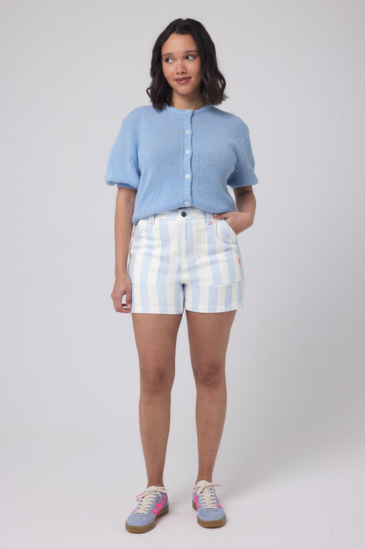 Blue and White Stripe Patch Pocket Denim Shorts