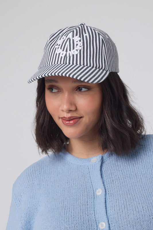 White with Navy Stripe Graphic Logo Cap