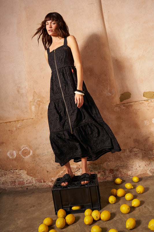 Black Broderie Zip Detail Midi Sundress