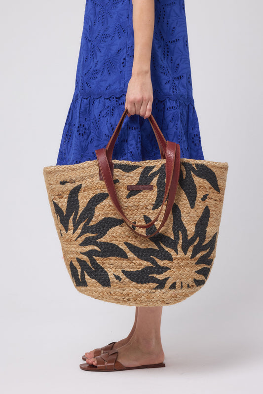 Natural with Black Sunstar Straw Basket Bag