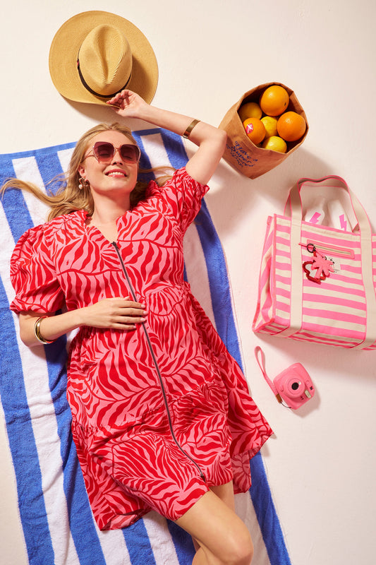 Pink and Red Palm Zip Detail Tiered Short Dress