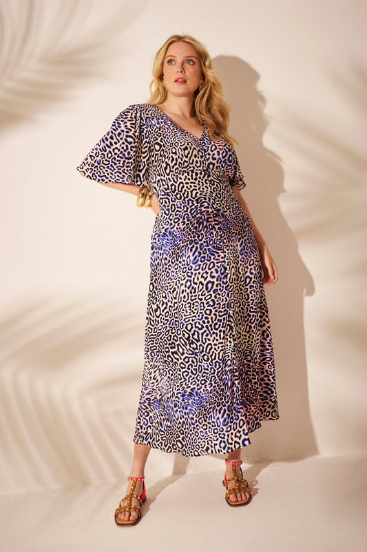 White with Blue and Pink Leopard Ray Angel Sleeve Midi Tea Dress