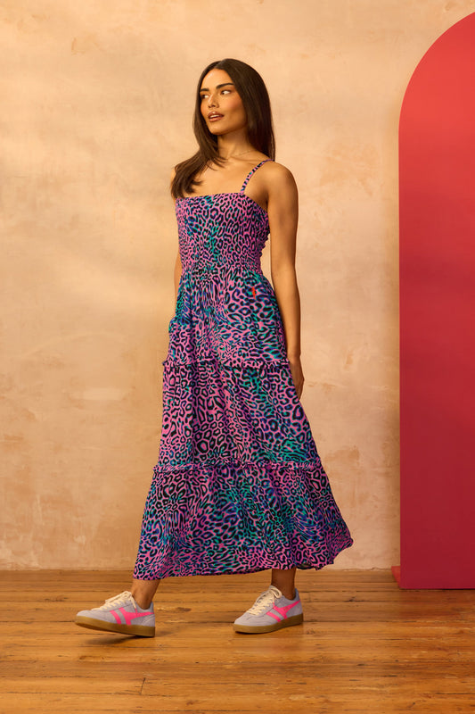 Pink with Green Leopard Ray Bandeau Midi Dress