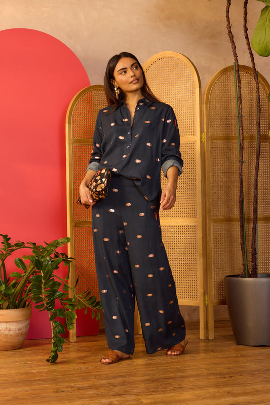 Navy with Gold Foil Wide Leg Trousers