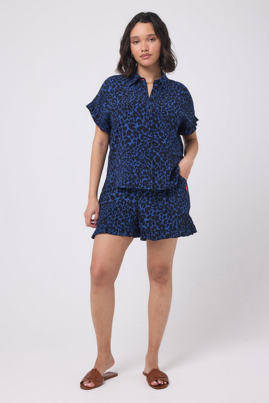 Navy with Black Rock and Roll Leopard Frill Sleeve Shirt