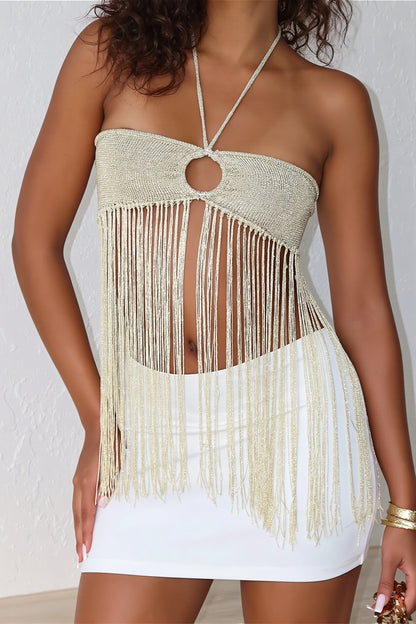 Sexy Tie Cami Hollow Tassel Halter Top