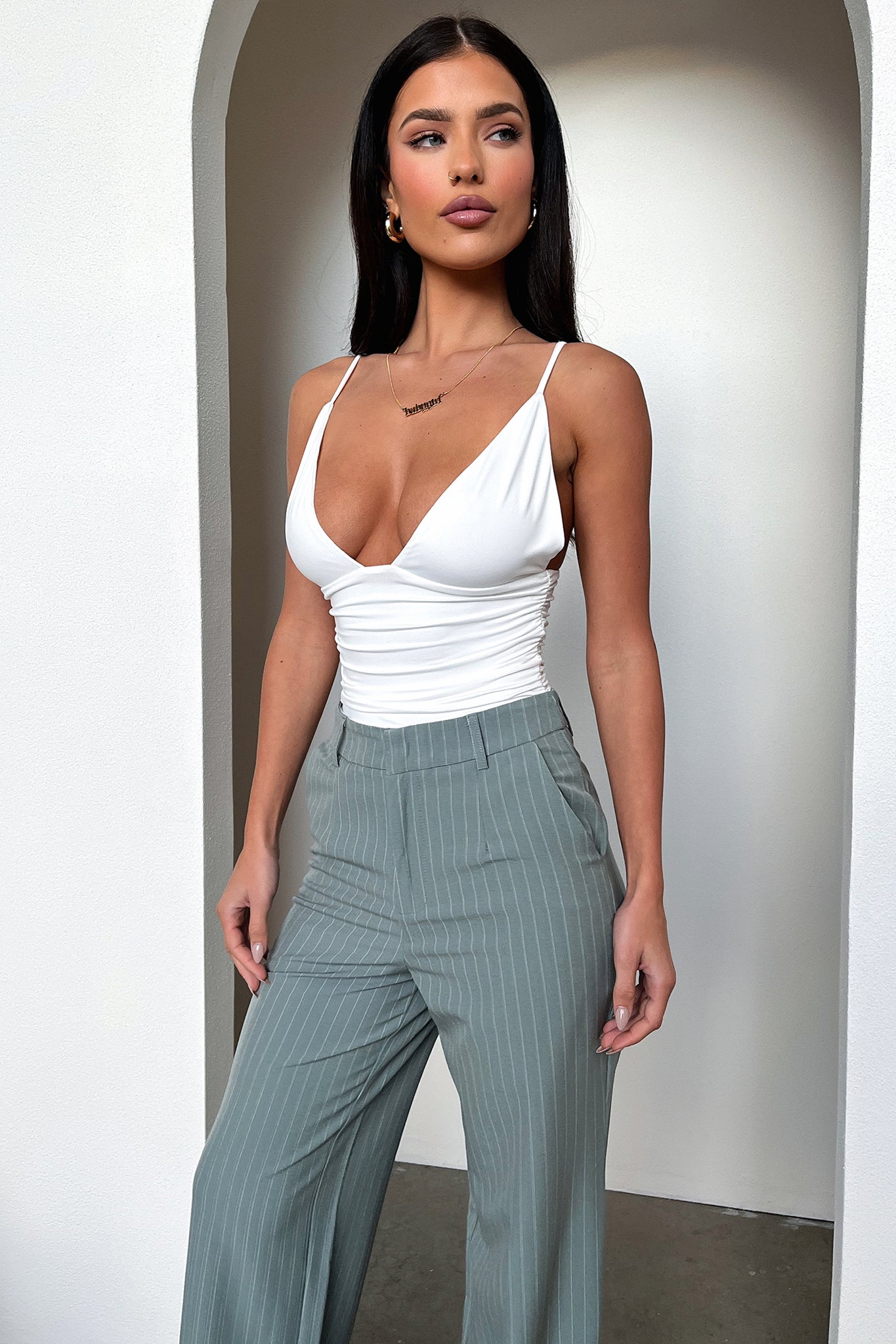 Alaric High Rise Pants - Grey Pinstripe