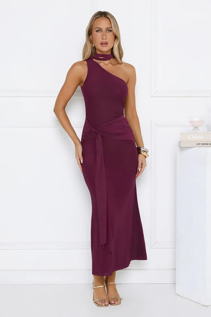 Aurora Elegance One Shoulder Mesh Maxi Dress Plum