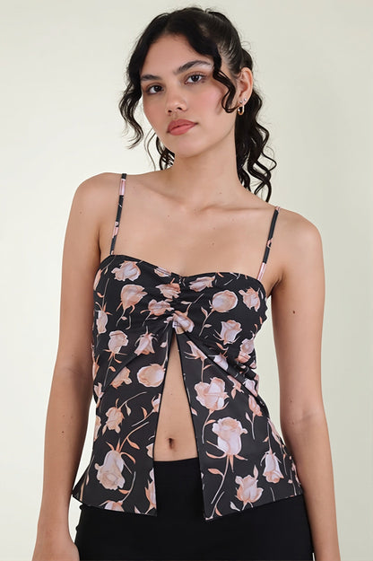Mesh Rose Print Split Cami Top