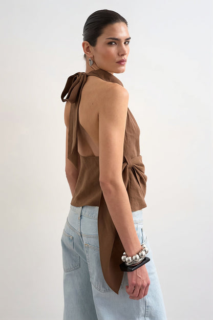 Cowl Neck Backless Asym Draped Halter Top