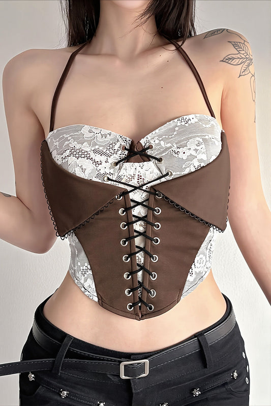Chic Color Block Lace Insert Tie Waist Backless Halter Top
