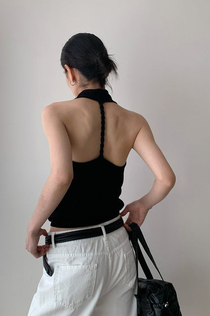 Elegant Solid Draped Neck Halter Top