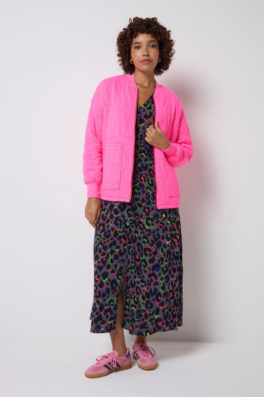 Neon Pink Lightning Bolt Regular Fit Quilted Bomber Jacket